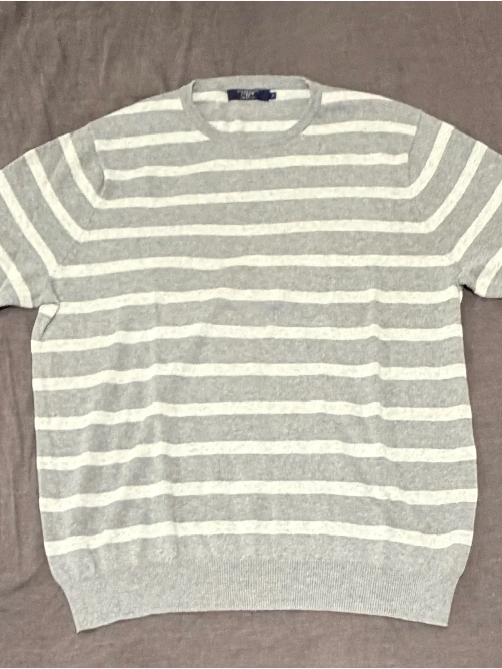J. Crew Men's Light Gray and White Striped Crewneck Sweater